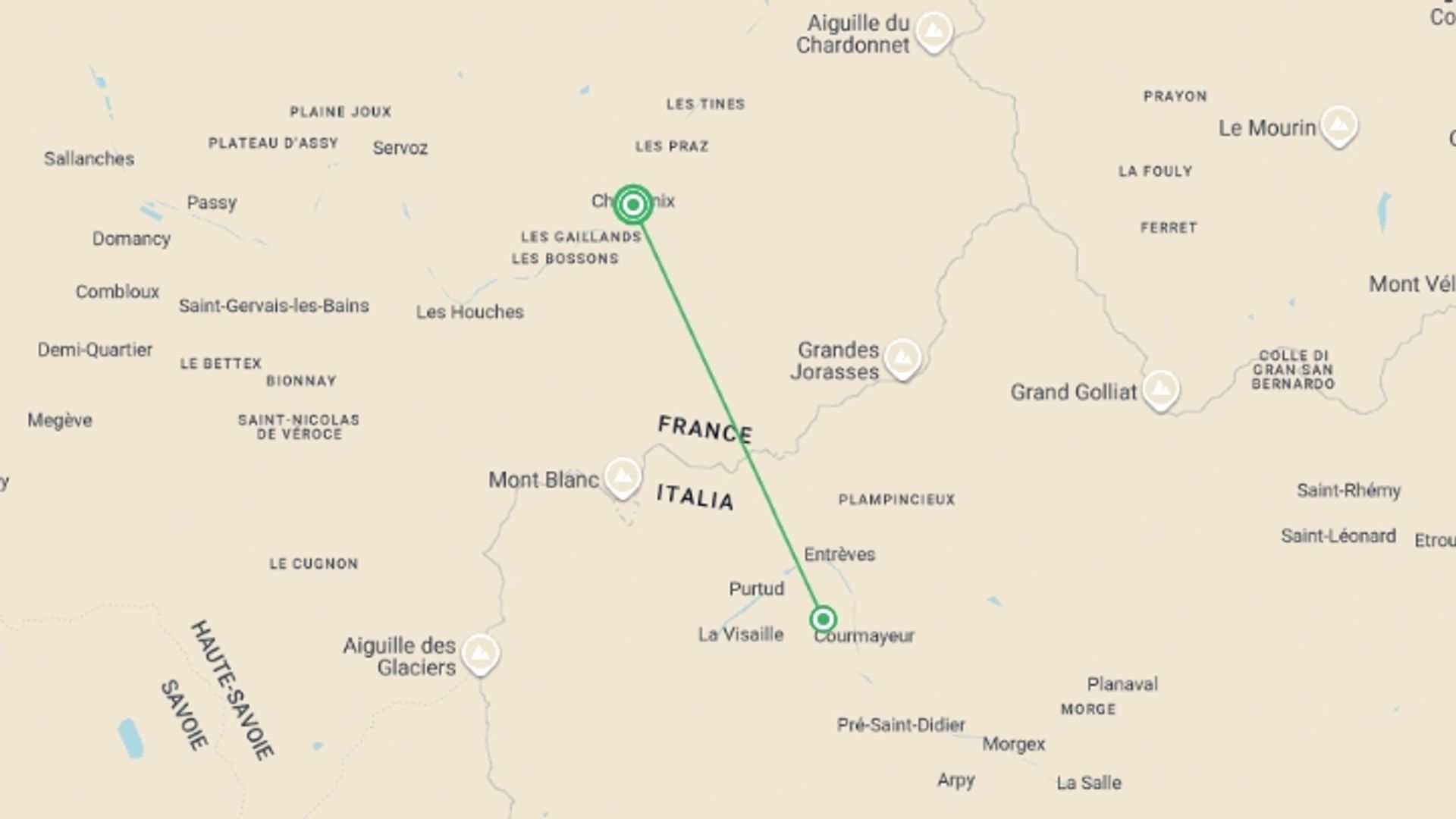 A map showing the tour itinerary for the trip: Mont Blanc Explorer, starting in Chamonix, France and ending in Chamonix, France going through 2 other destinations.