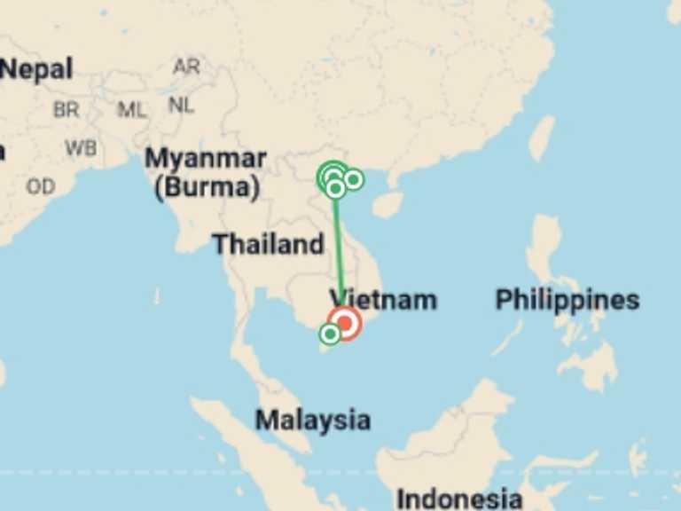 Map of Ho Chi Minh City Sightseeing Tour with 5 destination visits for the trip: Vietnam Highlights