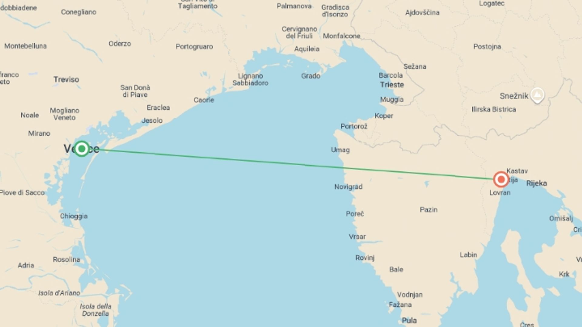 A map showing the tour itinerary for the trip: Venice to Opatija - 4 days, starting in Venice, Italy and ending in Opatija, Croatia going through 0 other destinations.