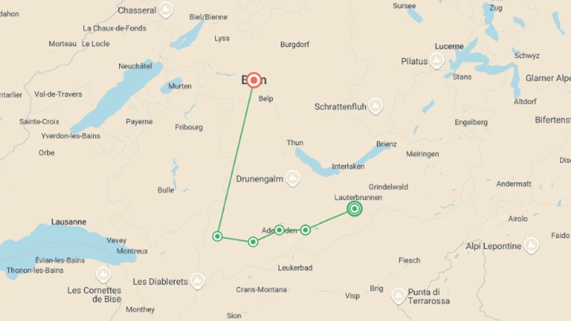 A map showing the tour itinerary for the trip: Walking the Bernese Highlights West, starting in Mürren, Switzerland and ending in Bern, Switzerland going through 5 other destinations.