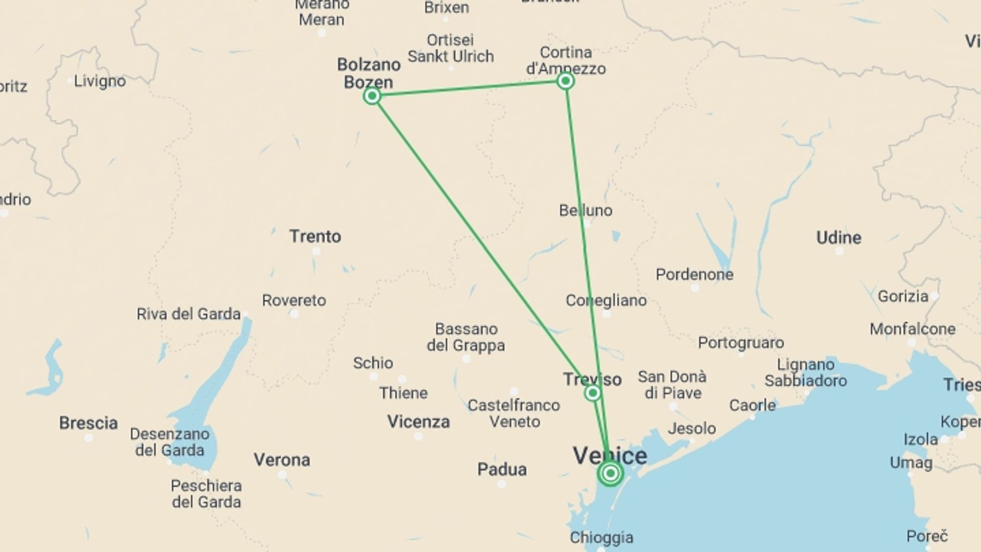 A map showing the tour itinerary for the trip: The Dolomites And Prosecco, Self-drive, starting in Venice, Italy and ending in Venice, Italy going through 3 other destinations.