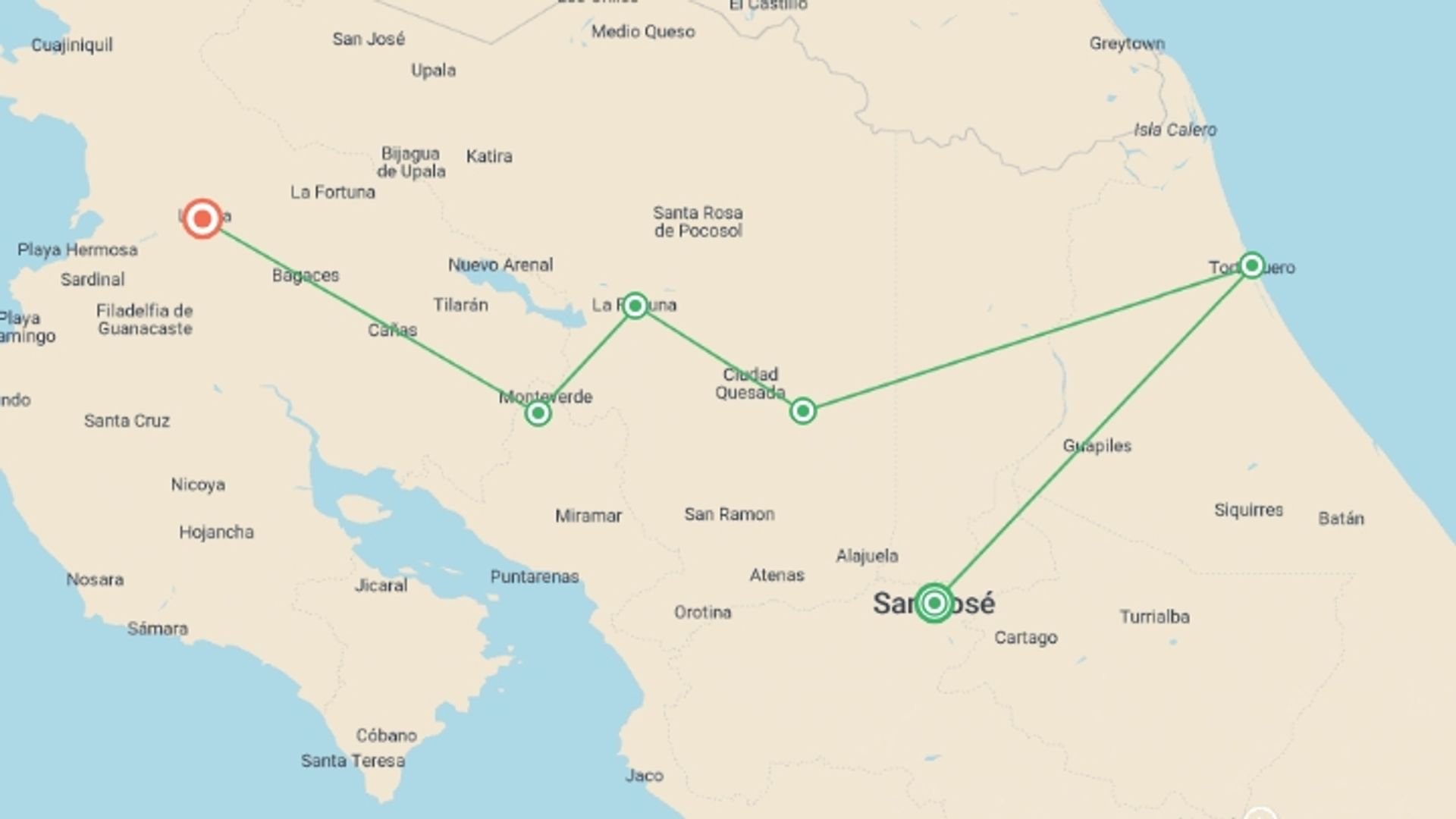 A map showing the tour itinerary for the trip: Signature: Costa Rica's Tortuguero, Arenal & Cloud Forests, starting in San Jose, Costa Rica and ending in Guanacaste, Costa Rica going through 3 other destinations.