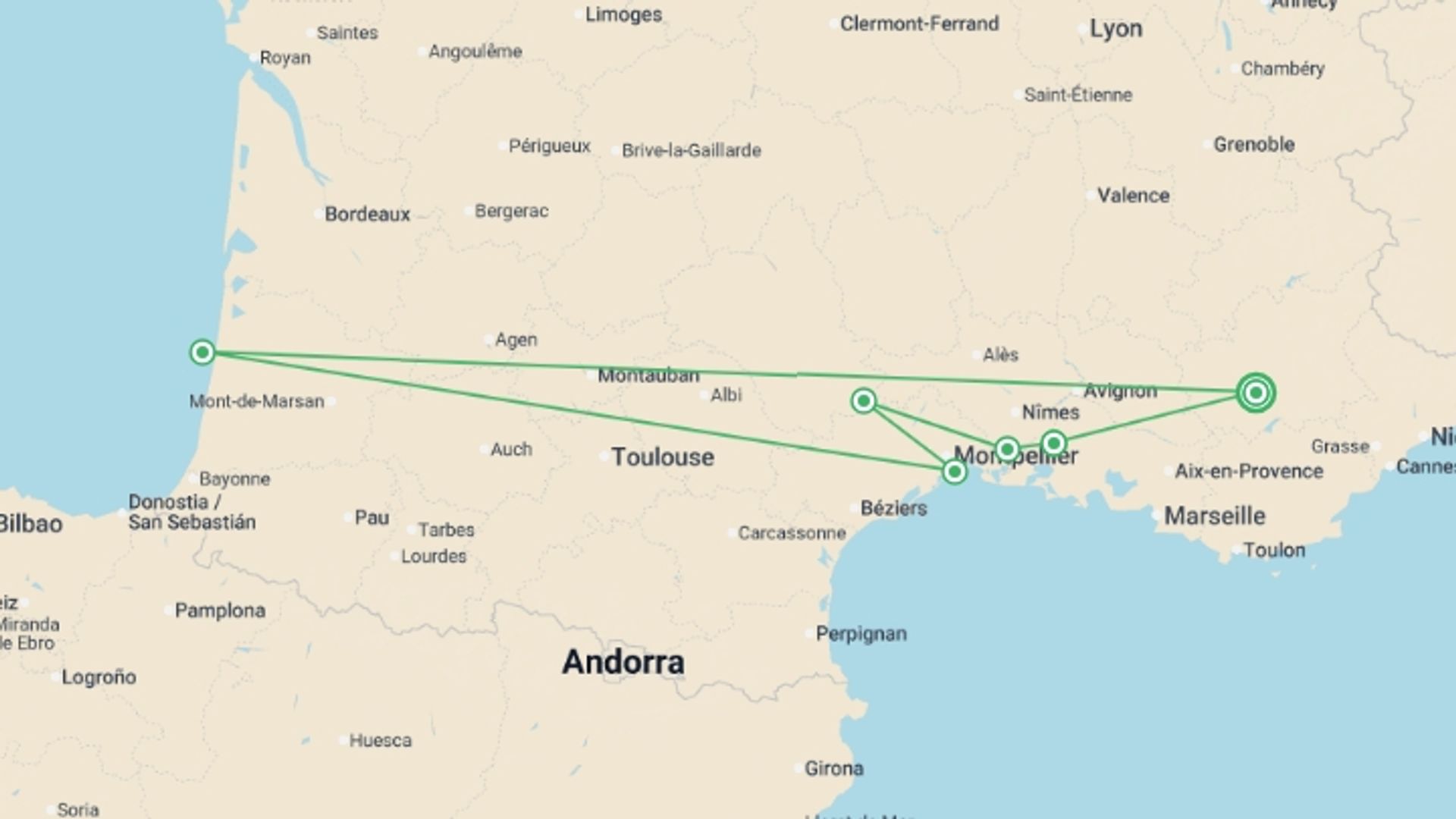 A map showing the tour itinerary for the trip: A Taste of the Mediterranean: A Cruise through the Heart of Provence and the Camargue Region (port-to-port cruise), starting in Provence, France and ending in Provence, France going through 5 other destinations.