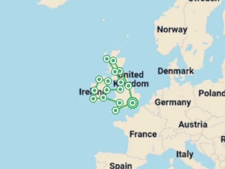 Map of London Natural landmarks sightseeing Tour with 16 destination visits for the trip: Britain and Ireland Grandeur
