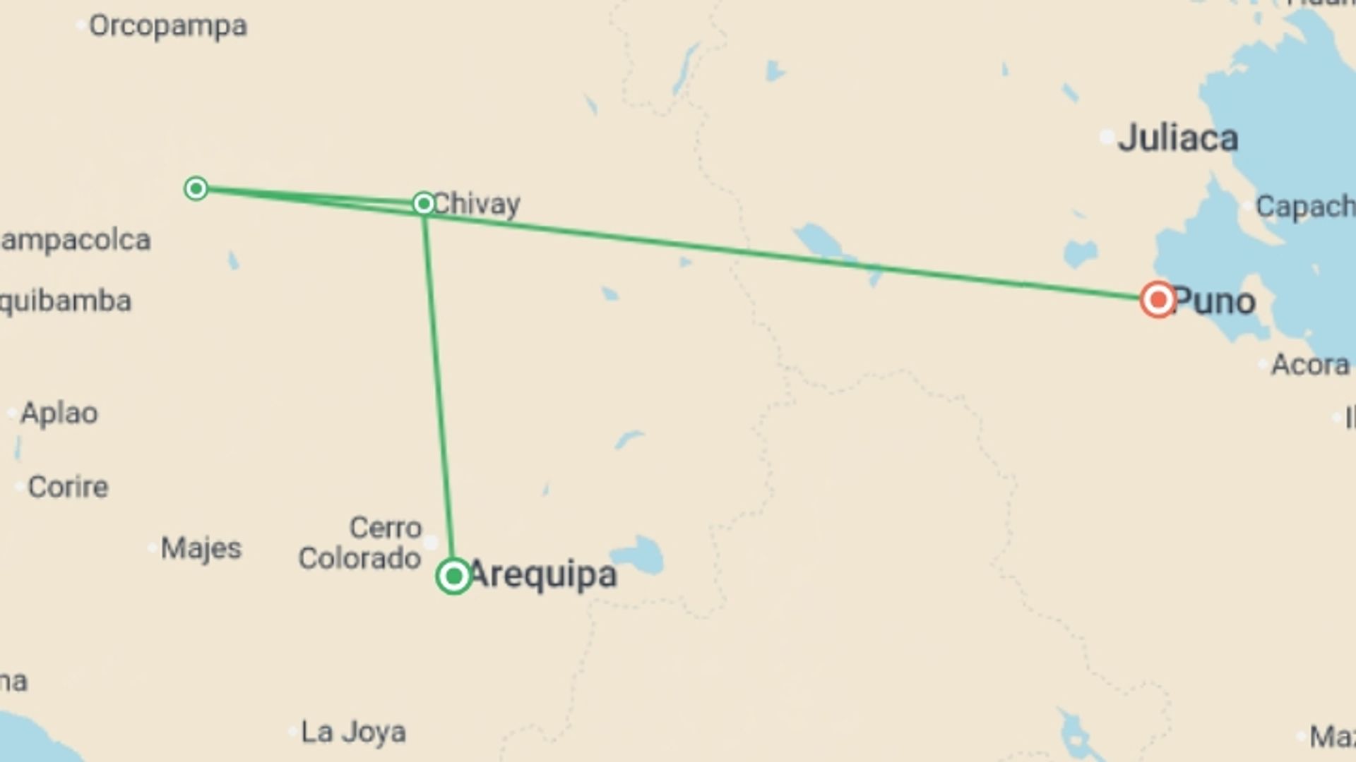 A map showing the tour itinerary for the trip: Colca Canyon Trekking 2D/1N & Transfer to Puno, starting in Arequipa, Peru and ending in Puno, Peru going through 1 other destinations.