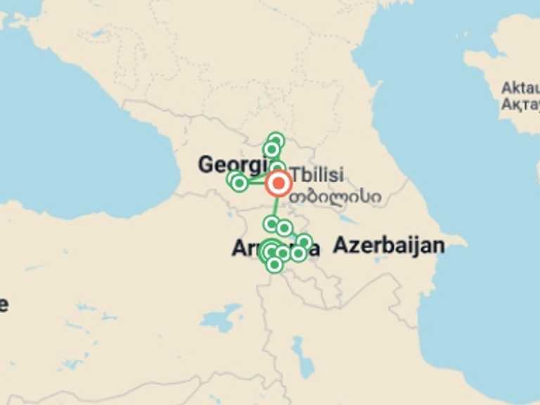 Map itinerary of Europe Tour in September 2026 with 9 destination visits for the trip: Armenia to Georgia by Bike