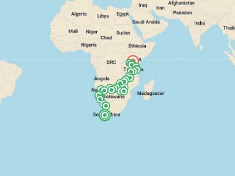 Map itinerary of Chobe National Park Tour in September 2027 with 33 destination visits for the trip: Cape Town to Kenya