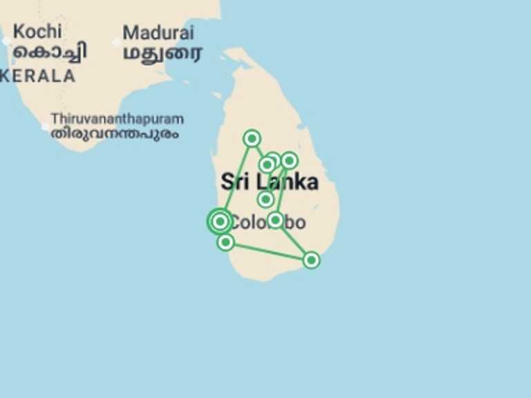 Map itinerary of Sri Lanka Tour in June 2026 with 7 destination visits for the trip: Sri Lanka Encompassed  - 15 days