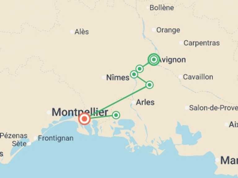 Map of Mediterranean River cruise Tour with 8 destination visits for the trip: Provence Bike & Boat