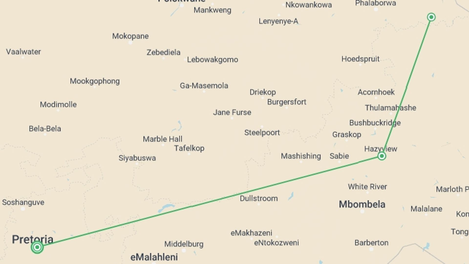 A map showing the tour itinerary for the trip: 4-day Kruger Safari Camping, starting in Pretoria, South Africa and ending in Pretoria, South Africa going through 2 other destinations.