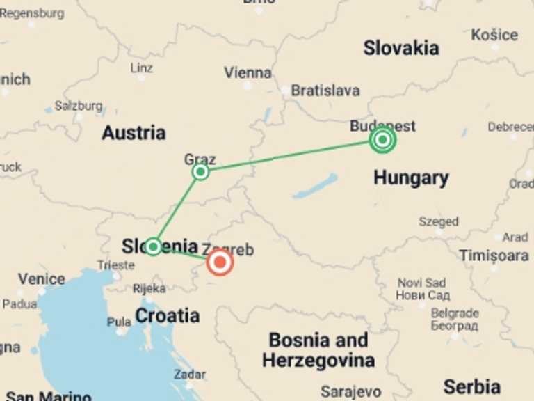 Map of Zagreb City sightseeing Tour with 4 destination visits for the trip: Europe Christmas Markets: Budapest to Zagreb