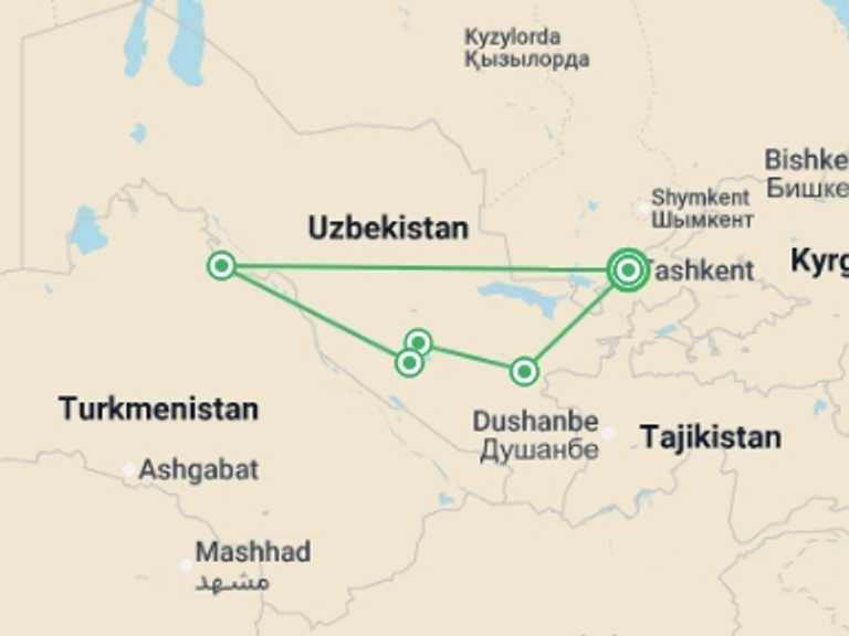 Map itinerary of Asia Tour in October 2025 with 4 destination visits for the trip: Premium Uzbekistan