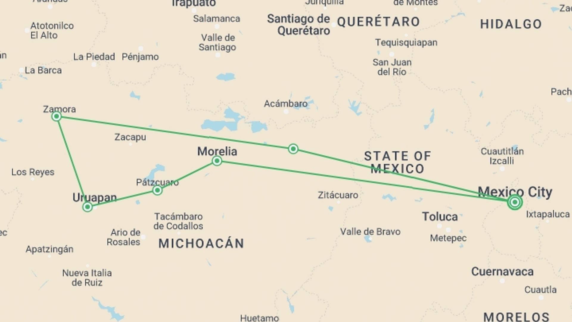 A map showing the tour itinerary for the trip: Michoacan Tour: Magic Towns, The Youngest Volcano And More (8 Days), starting in Mexico City, Mexico and ending in Mexico City, Mexico going through 5 other destinations.