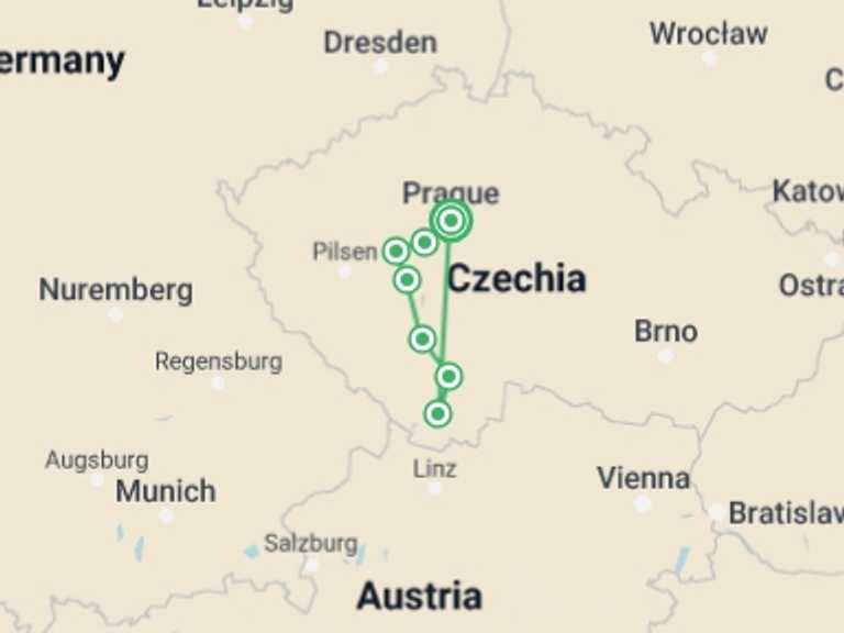 Map itinerary of Prague Tour in Spring with 7 destination visits for the trip: Czech Castles Cycle