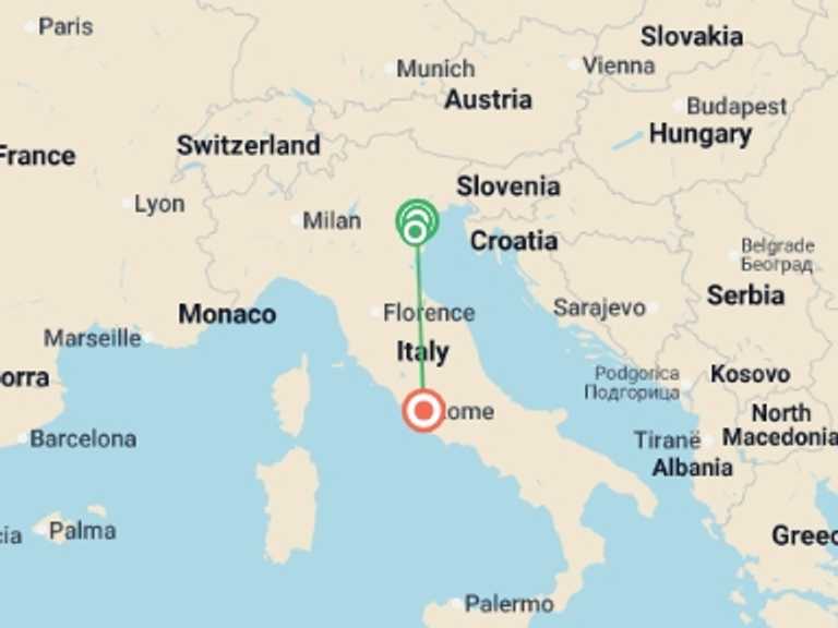 Map of 11-Day Venice Tour with 4 destination visits for the trip: Rome, Venice & the Jewels of Veneto (2026)