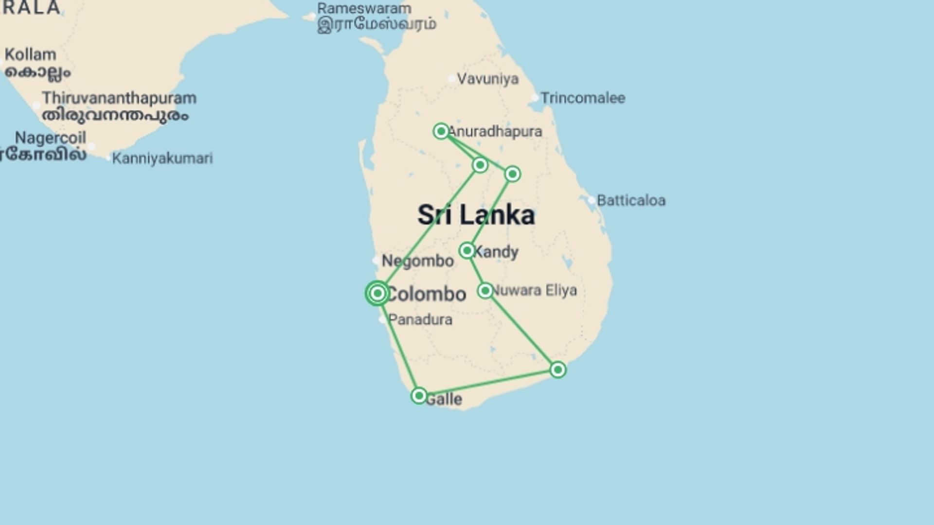 A map showing the tour itinerary for the trip: Wonders of Sri Lanka, starting in Colombo, Sri Lanka and ending in Colombo, Sri Lanka going through 8 other destinations.