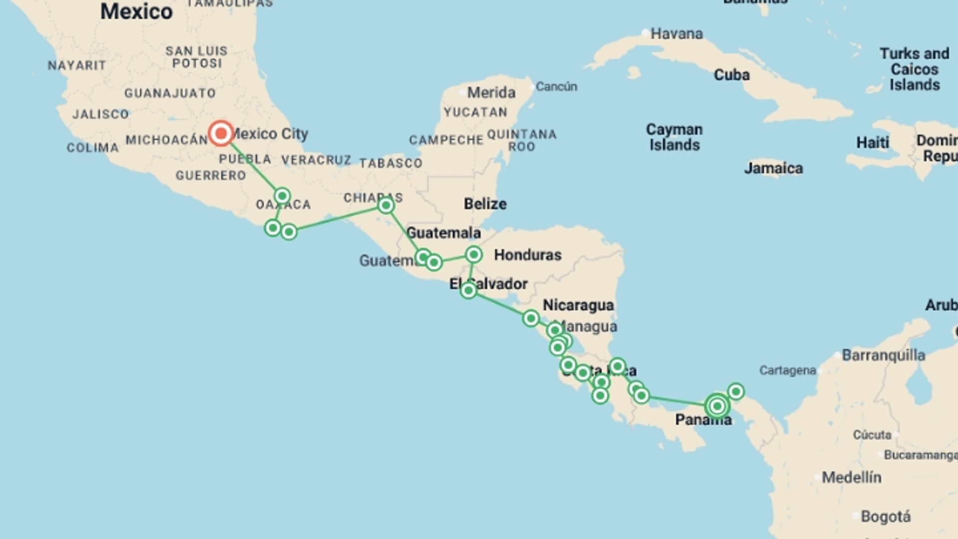 A map showing the tour itinerary for the trip: Panama City to Mexico City Travel Pass, starting in Panama City, Panama and ending in Mexico City, Mexico going through 22 other destinations.