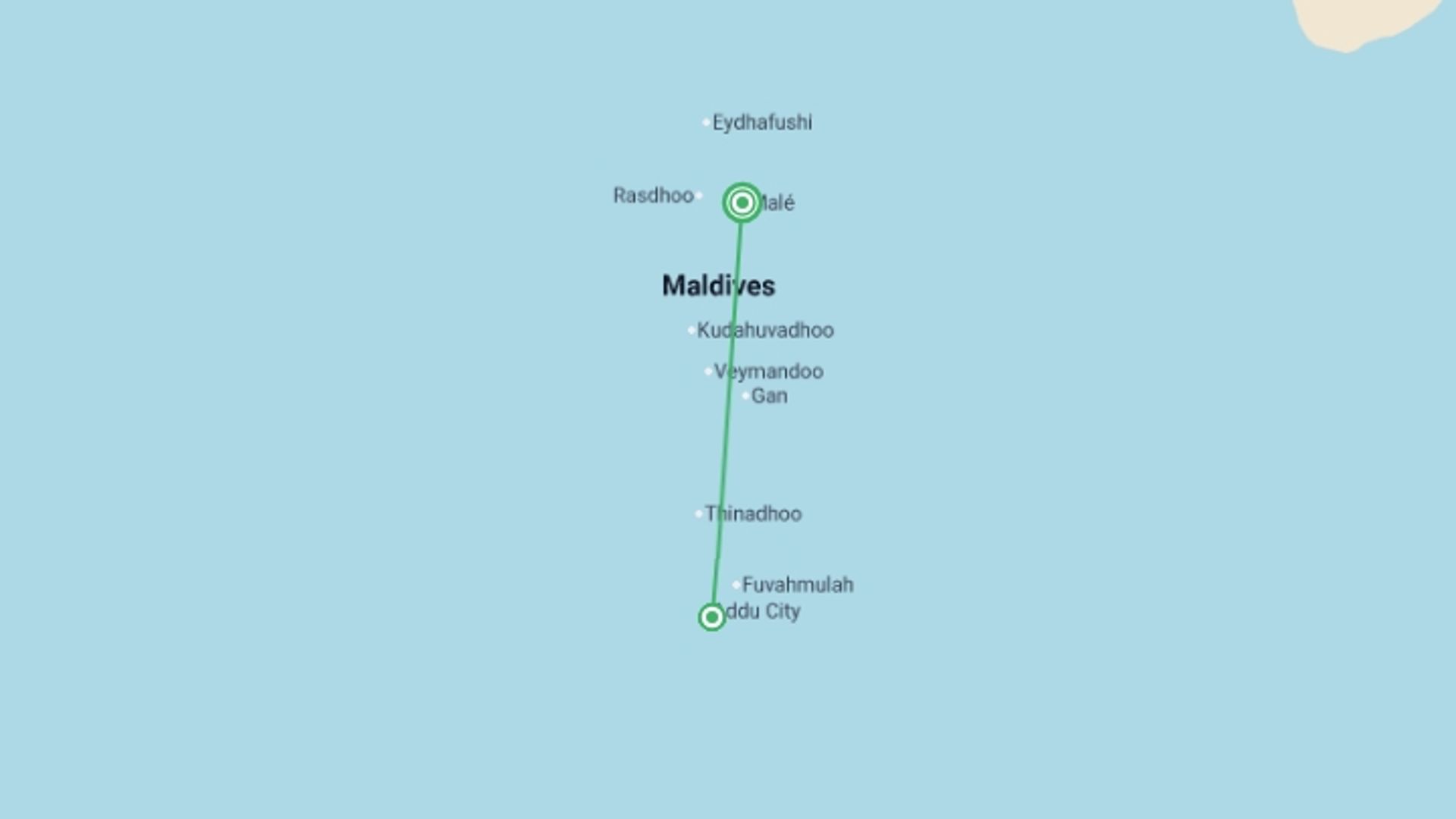 A map showing the tour itinerary for the trip: Active Maldives Adventure - 8 days, starting in Male, Maldives and ending in Male, Maldives going through 1 other destinations.