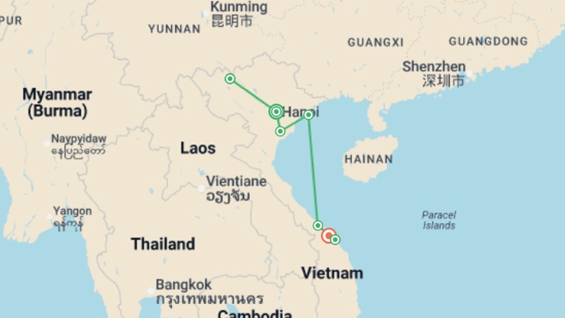 A map showing the tour itinerary for the trip: Highlights of North Vietnam - 11 days, starting in Hanoi, Vietnam and ending in Da Nang, Vietnam going through 6 other destinations.