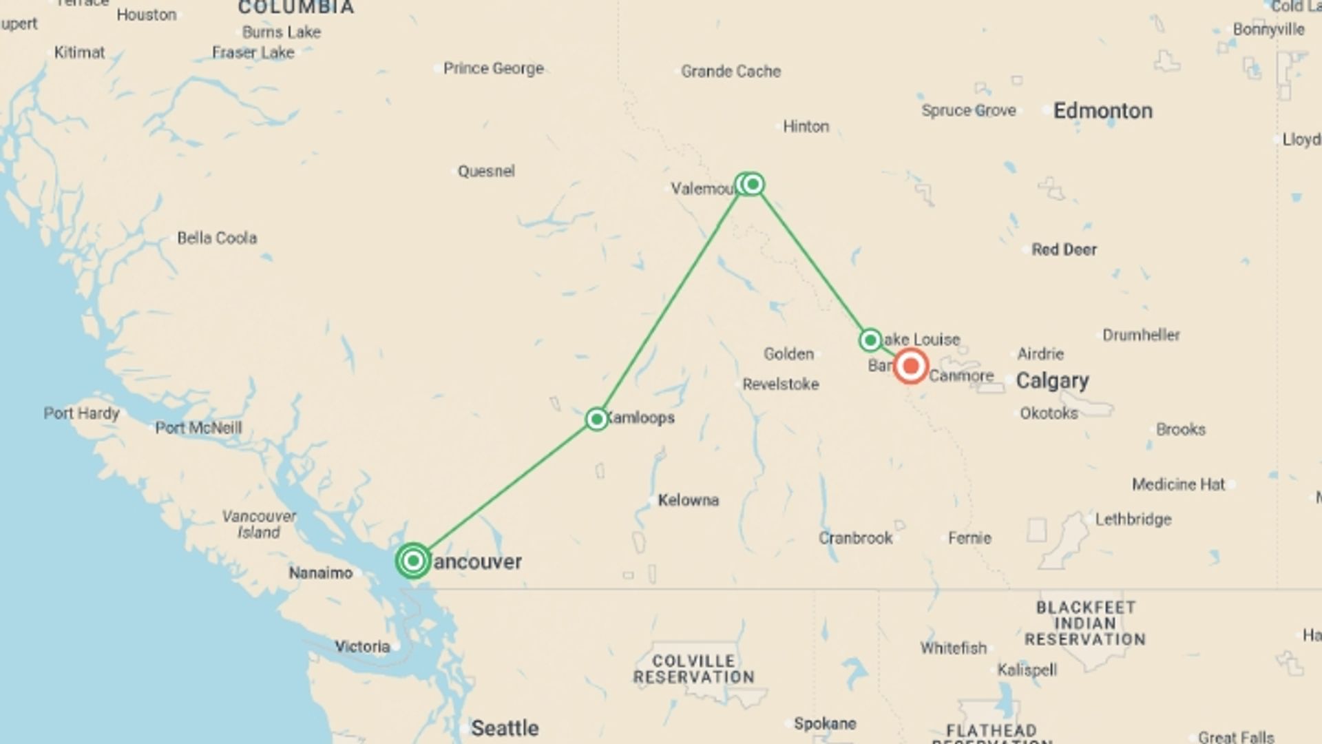A map showing the tour itinerary for the trip: Majesty of the Rockies, starting in Vancouver, Canada and ending in Banff, Canada going through 5 other destinations.