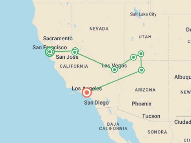 Map of a Desert safaris Tour with 8 destination visits for the trip: Real San Francisco to LA