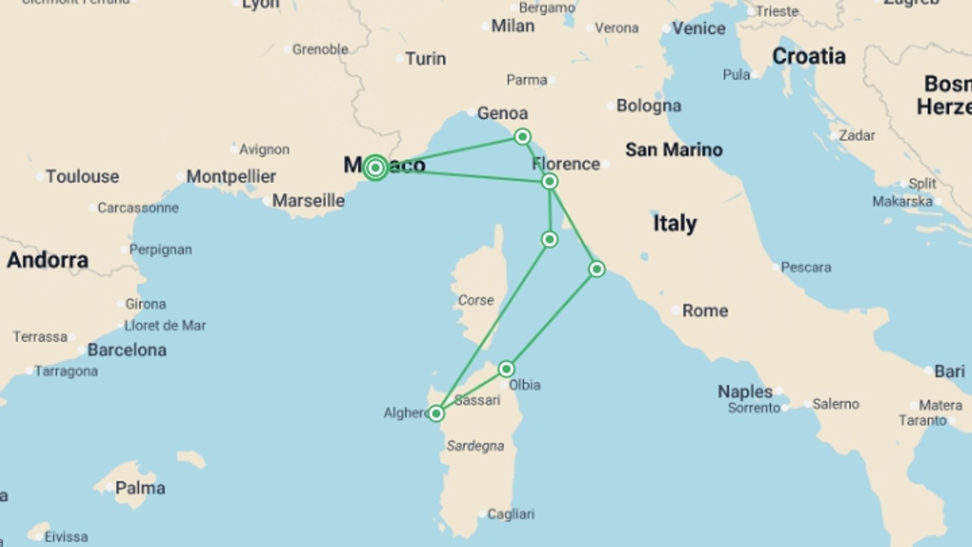 A map showing the tour itinerary for the trip: La Dolce Vita along the Italian coastline - Tuscany, Sardinia, Elba, and the Cinque Terre (port-to-port package), starting in Nice, France and ending in Nice, France going through 2 other destinations.
