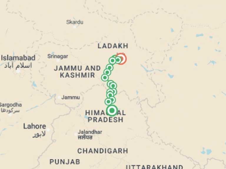 Map of Asia Tour with 17 destination visits for the trip: Zanskar Trek