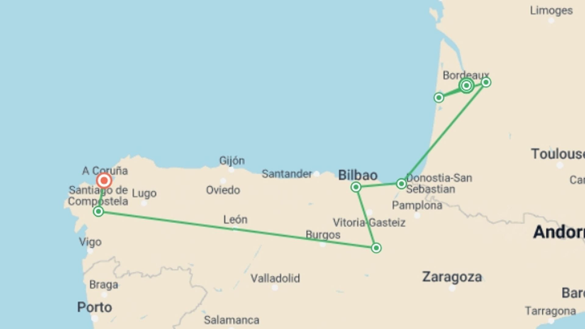 A map showing the tour itinerary for the trip: Bordeaux & Northern Spain, starting in Bordeaux, France and ending in A Coruña, Spain going through 6 other destinations.