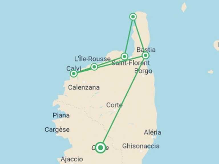 Map of France Tour with 6 destination visits for the trip: Corsica with Ebike