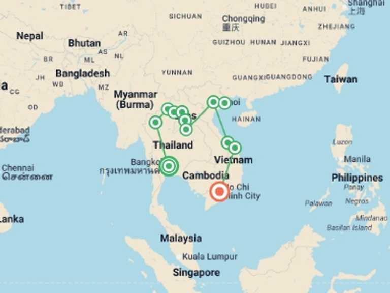 Map itinerary of Asia Tour in July 2026 with 12 destination visits for the trip: South East Asia Uncovered