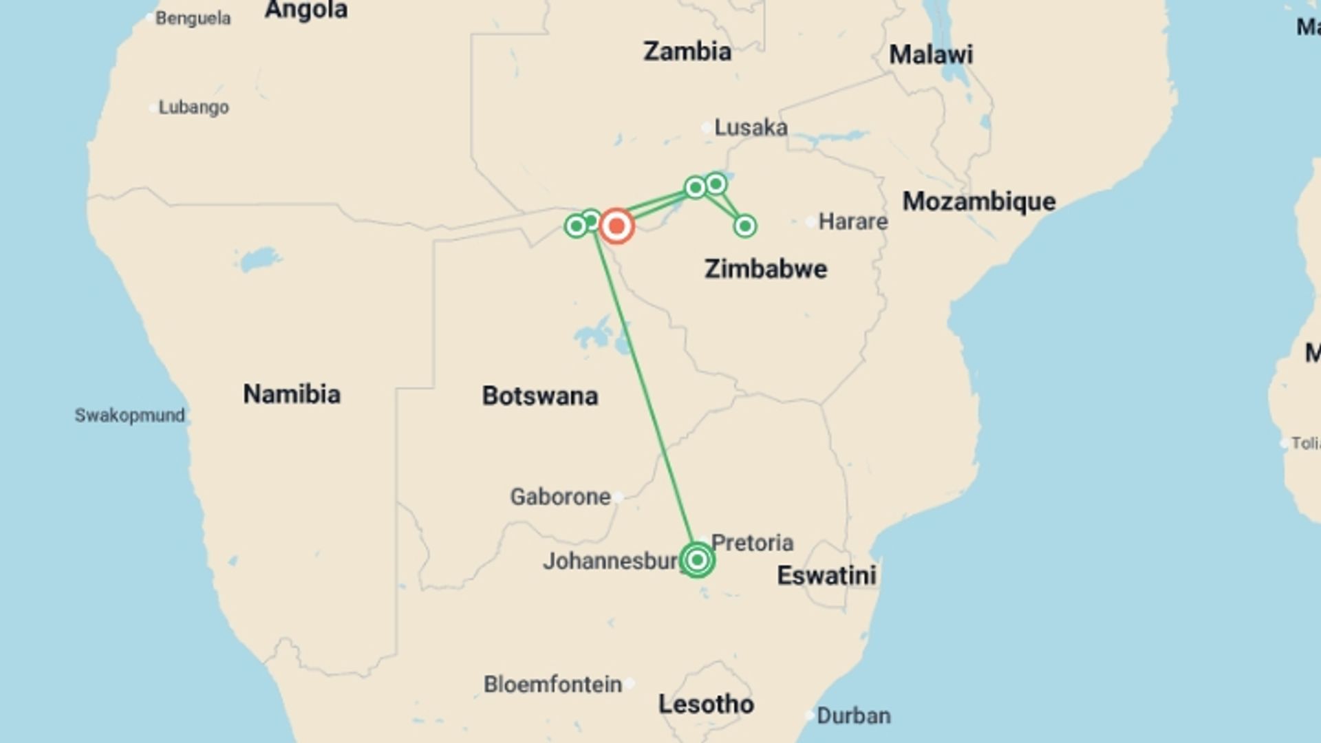 A map showing the tour itinerary for the trip: Safari Cruise along the Zambezi River - South Africa, Botswana, Namibia, Zimbabwe (port-to-port cruise), starting in Johannesburg, South Africa and ending in Victoria Falls, Zimbabwe going through 5 other destinations.