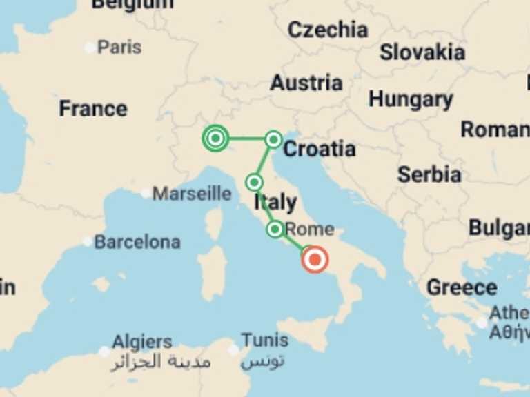 Map of Europe Tour with 9 destination visits for the trip: Absolute Italy: Milan to the Amalfi Coast