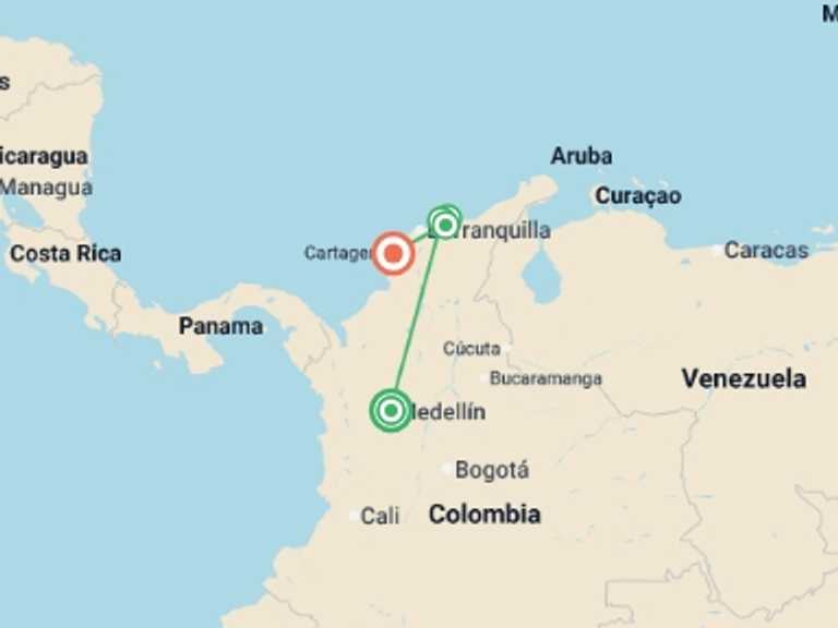 Map of Colombia Tour with 5 destination visits for the trip: Essential Colombia