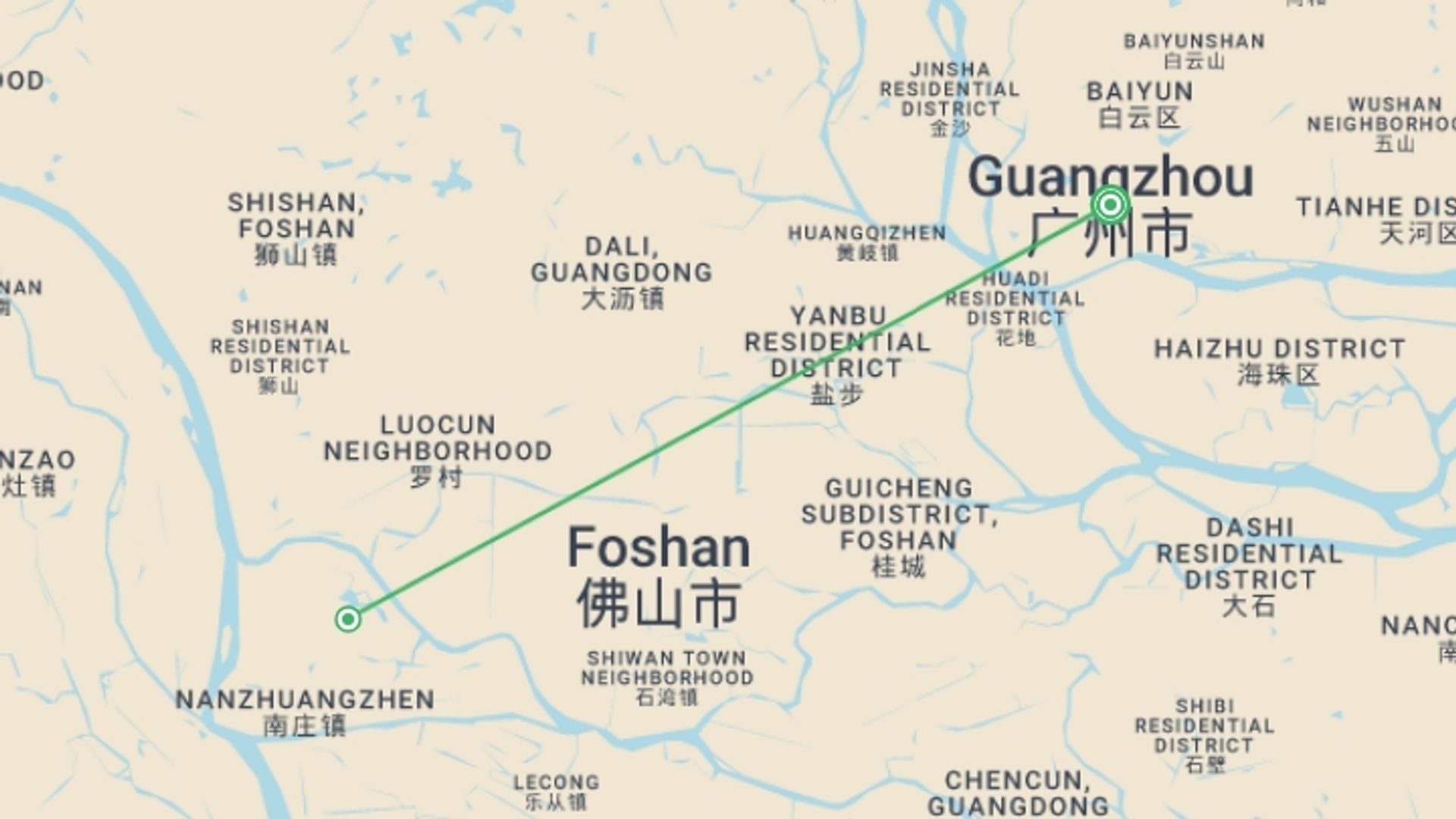 A map showing the tour itinerary for the trip: Guangzhou & Foshan City Break (Superior) - 4 days, starting in Guangzhou, China and ending in Guangzhou, China going through 0 other destinations.