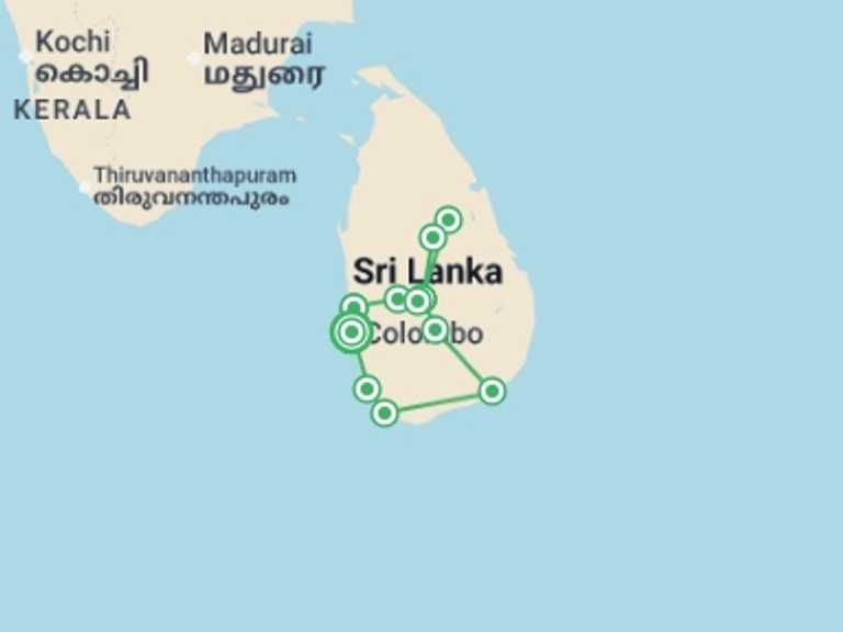 Map itinerary of Asia Tour in Winter with 6 destination visits for the trip: Splendid Sri Lanka, Private Tour