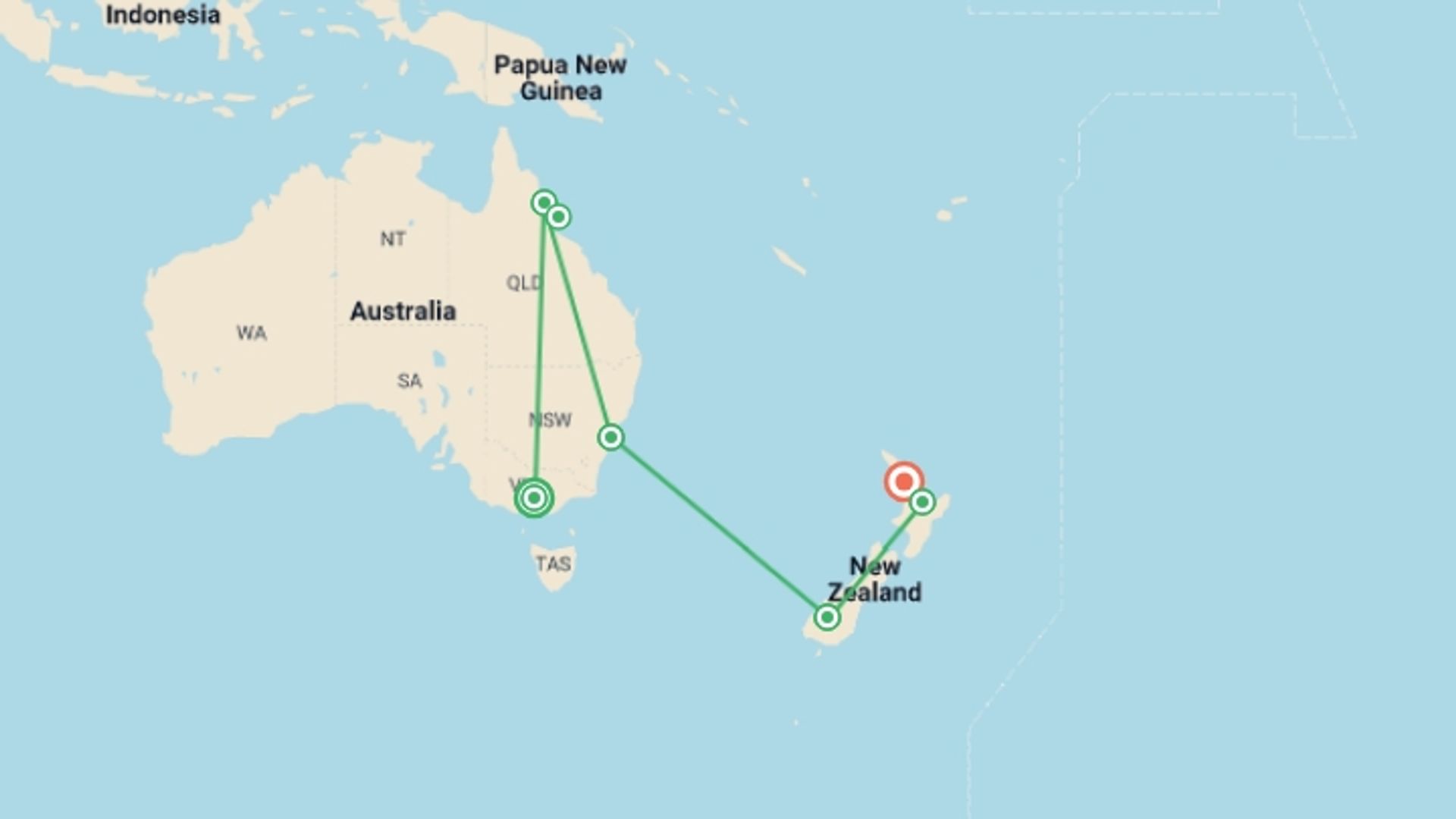 A map showing the tour itinerary for the trip: Australia and New Zealand Panorama, starting in Melbourne, Australia and ending in Auckland, New Zealand going through 5 other destinations.
