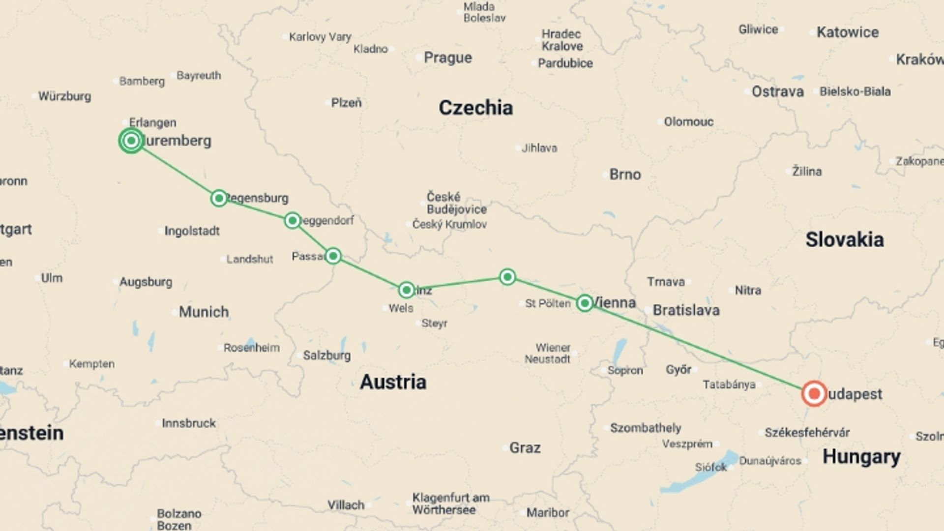 A map showing the tour itinerary for the trip: Grand Christmas & New Year's (2026), starting in Nuremberg, Germany and ending in Budapest, Hungary going through 6 other destinations.