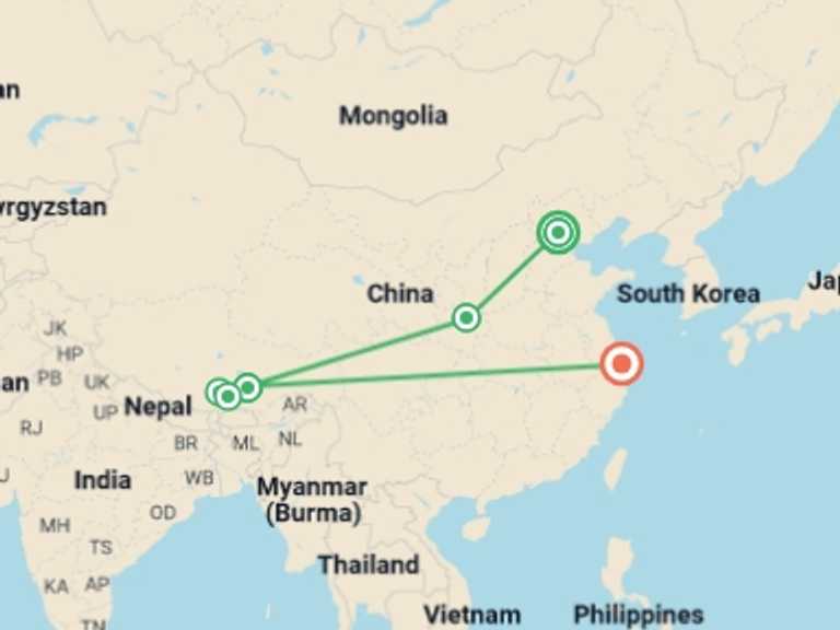 Map of China Tour with 5 destination visits for the trip: Beijing, Xi’an, Lhasa & Shanghai (4-5 Star) - 13 days 