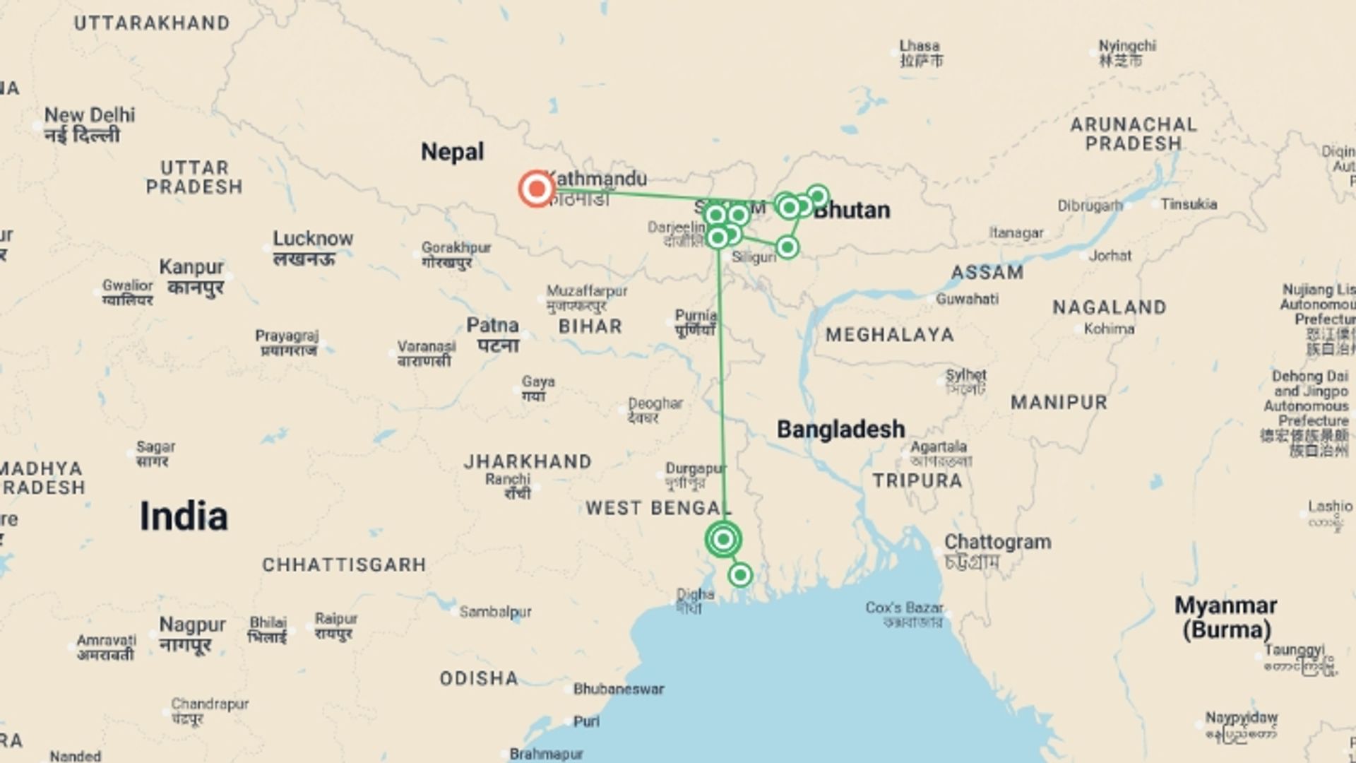 A map showing the tour itinerary for the trip: Discover Darjeeling and Bhutan, starting in Kolkata, India and ending in Kathmandu, Nepal going through 12 other destinations.