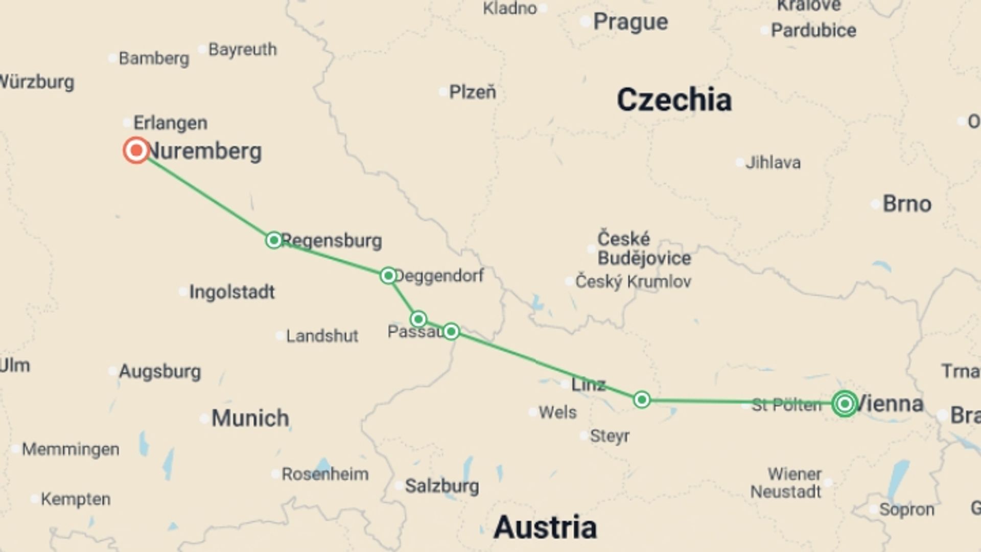 A map showing the tour itinerary for the trip: Vineyards & Palaces along the Danube (2027), starting in Vienna, Austria and ending in Nuremberg, Germany going through 4 other destinations.