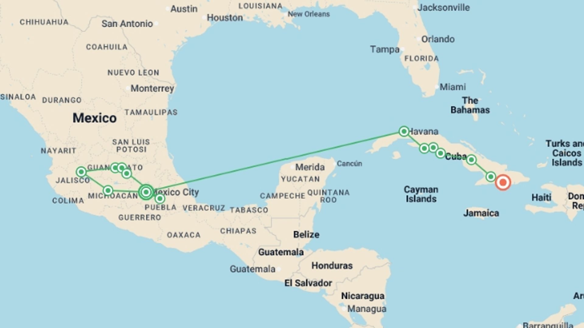 A map showing the tour itinerary for the trip: Central Mexico and Cuba, starting in Mexico City, Mexico and ending in Santiago De Cuba, Cuba going through 8 other destinations.