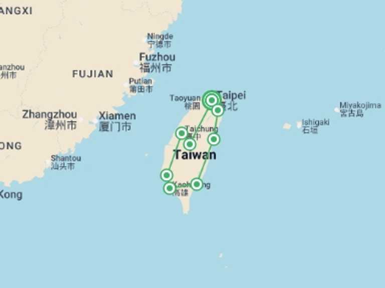 Map itinerary of Asia Tour in June 2026 with 5 destination visits for the trip: Taiwan Discovered - 8 days