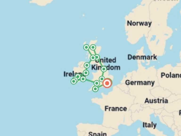 Map itinerary of London Tour in July 2026 with 17 destination visits for the trip: Romantic Britain & Ireland