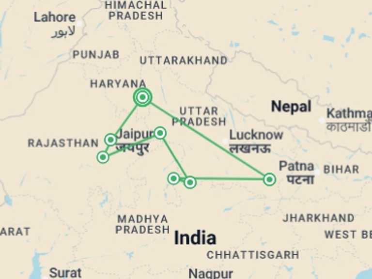 Map itinerary of India Tour in March 2027 with 7 destination visits for the trip: Essential India