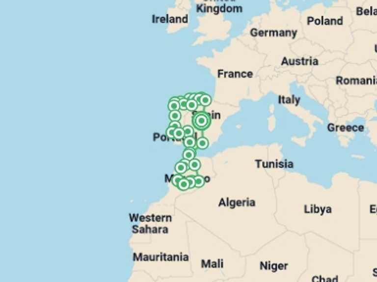 Map of Europe Tour with 14 destination visits for the trip: Fantasies from Spain and Portugal and Mysterious Morocco