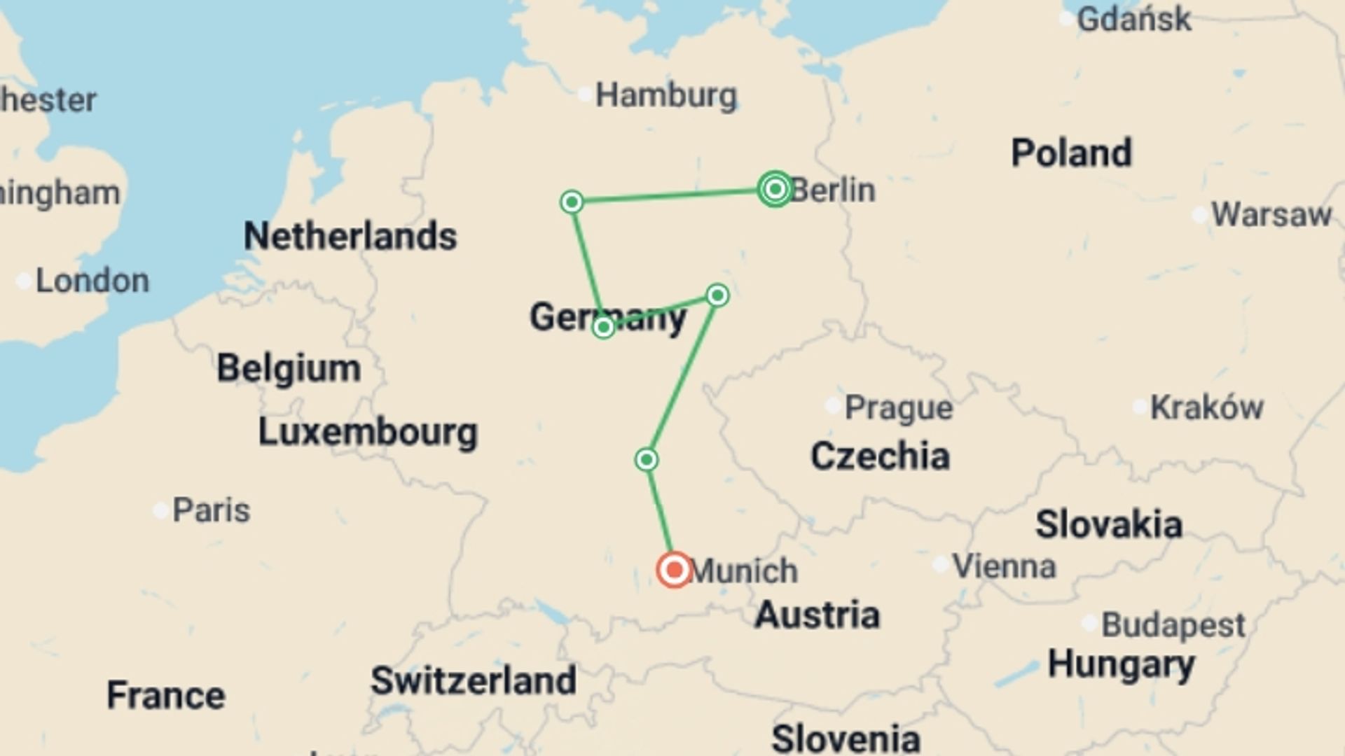 A map showing the tour itinerary for the trip: Authentic Germany with Berlin, starting in Berlin, Germany and ending in Munich, Germany going through 4 other destinations.