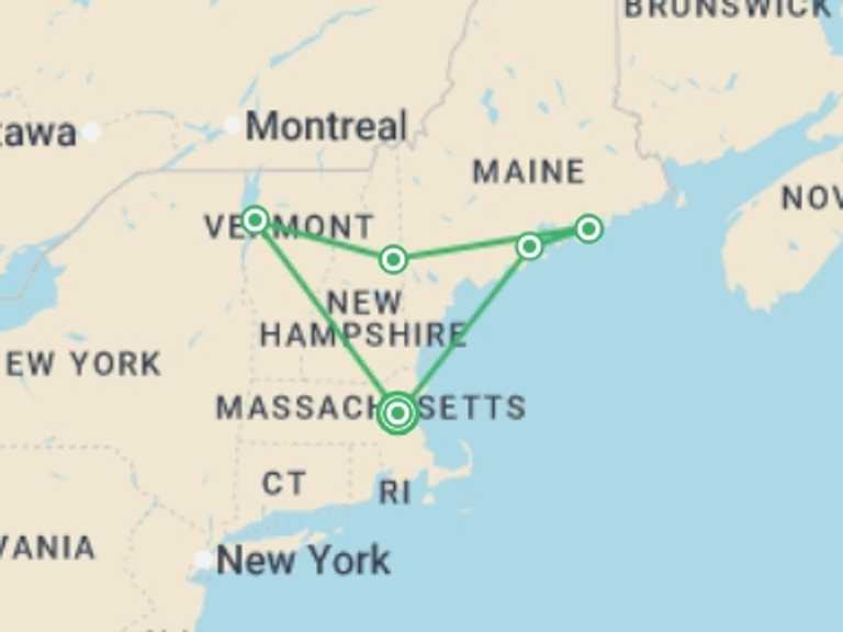 Map itinerary of USA Tour in September 2027 with 5 destination visits for the trip: Autumn Colours