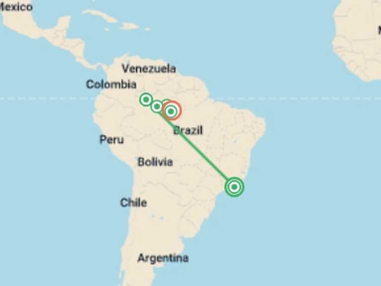 Map itinerary of South America Tour in March 2027 with 9 destination visits for the trip: Rio de Janeiro and a cruise along the Amazon and the Rio Negro - An Exclusive Cruise through Pristine and Hidden Nature (port-to-port cruise)
