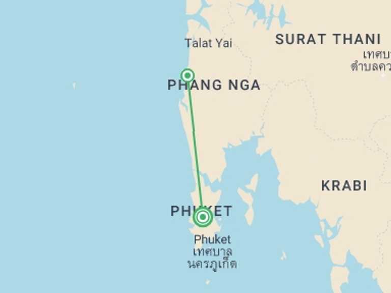 Map of Thailand Tour with 2 destination visits for the trip: Khao Lak Beach Package