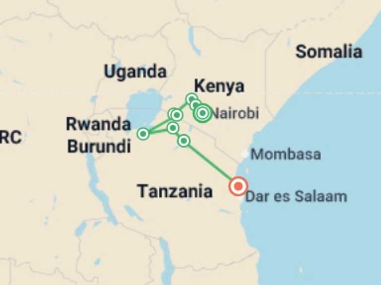 Map of Africa Wildlife safaris and game drives Tour with 10 destination visits for the trip: Kenya & Tanzania Adventure